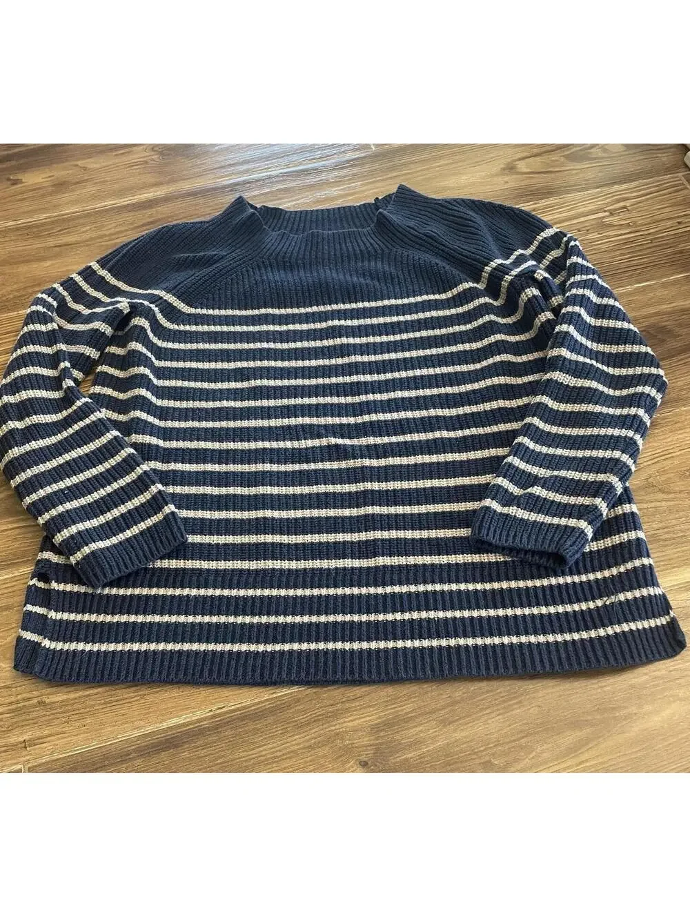 Land's End Oversized Striped Cable Knit Cotton Sweater - Picture 1 of 3